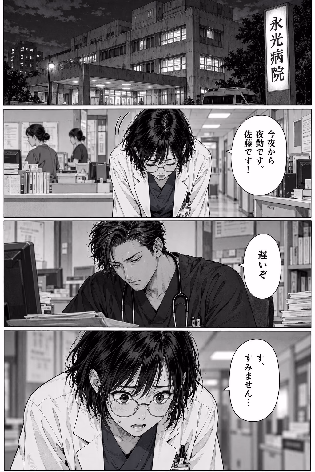 Chapter one, page 2, Japanese. Sato reports for her first night shift; Kudo tells her she is late.